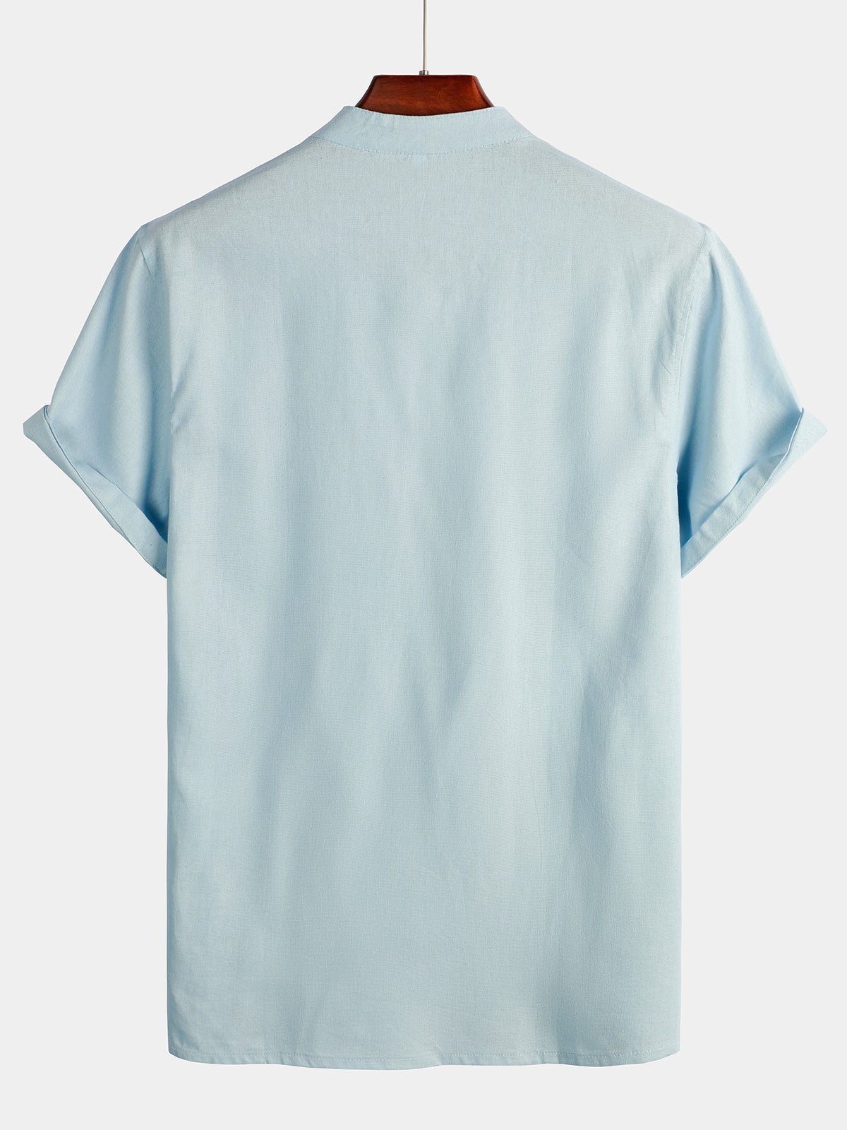Camicia da uomo a maniche corte in tinta unita con colletto alla coreana e tasca frontale