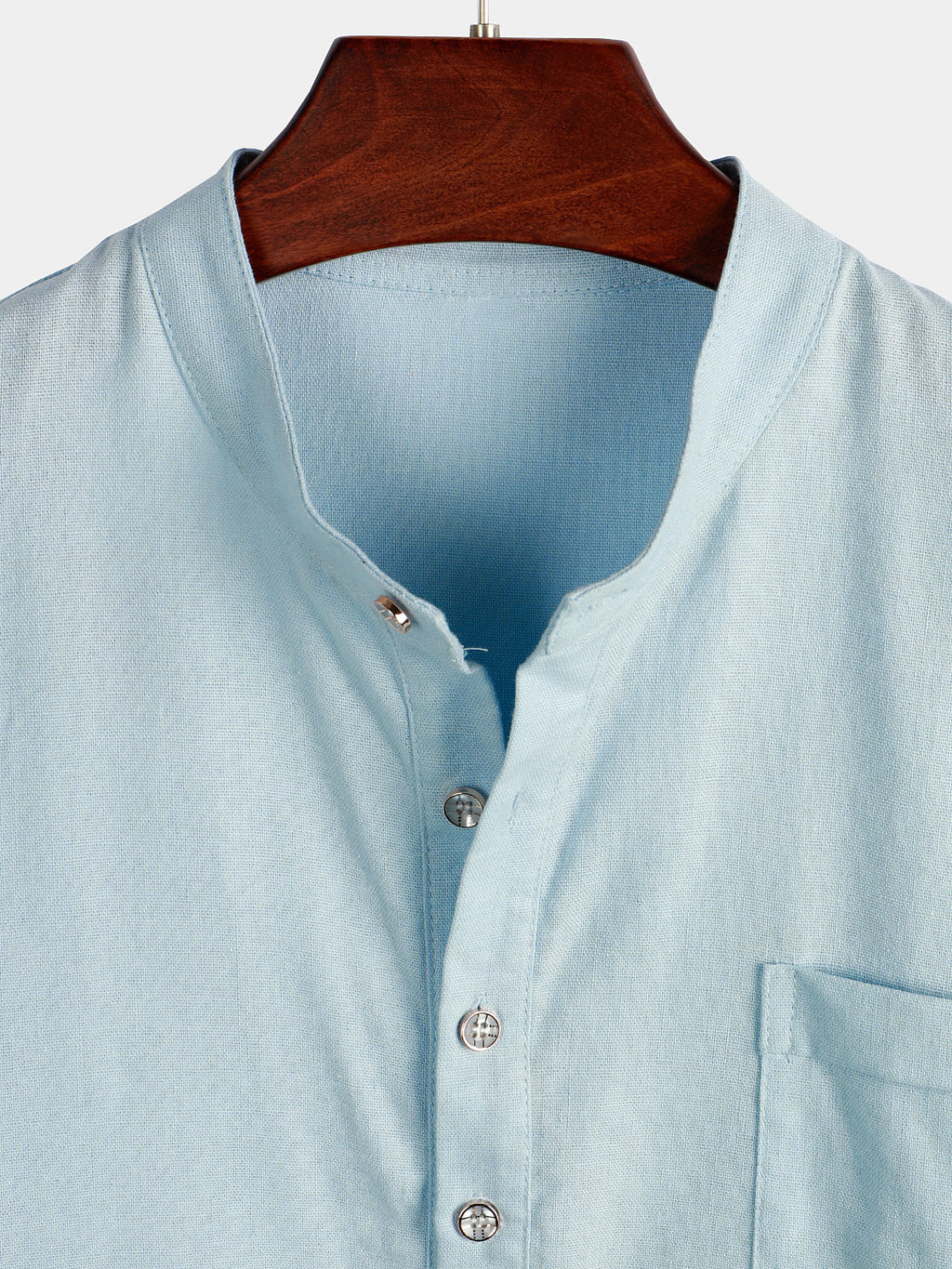 Camicia da uomo a maniche corte in tinta unita con colletto alla coreana e tasca frontale
