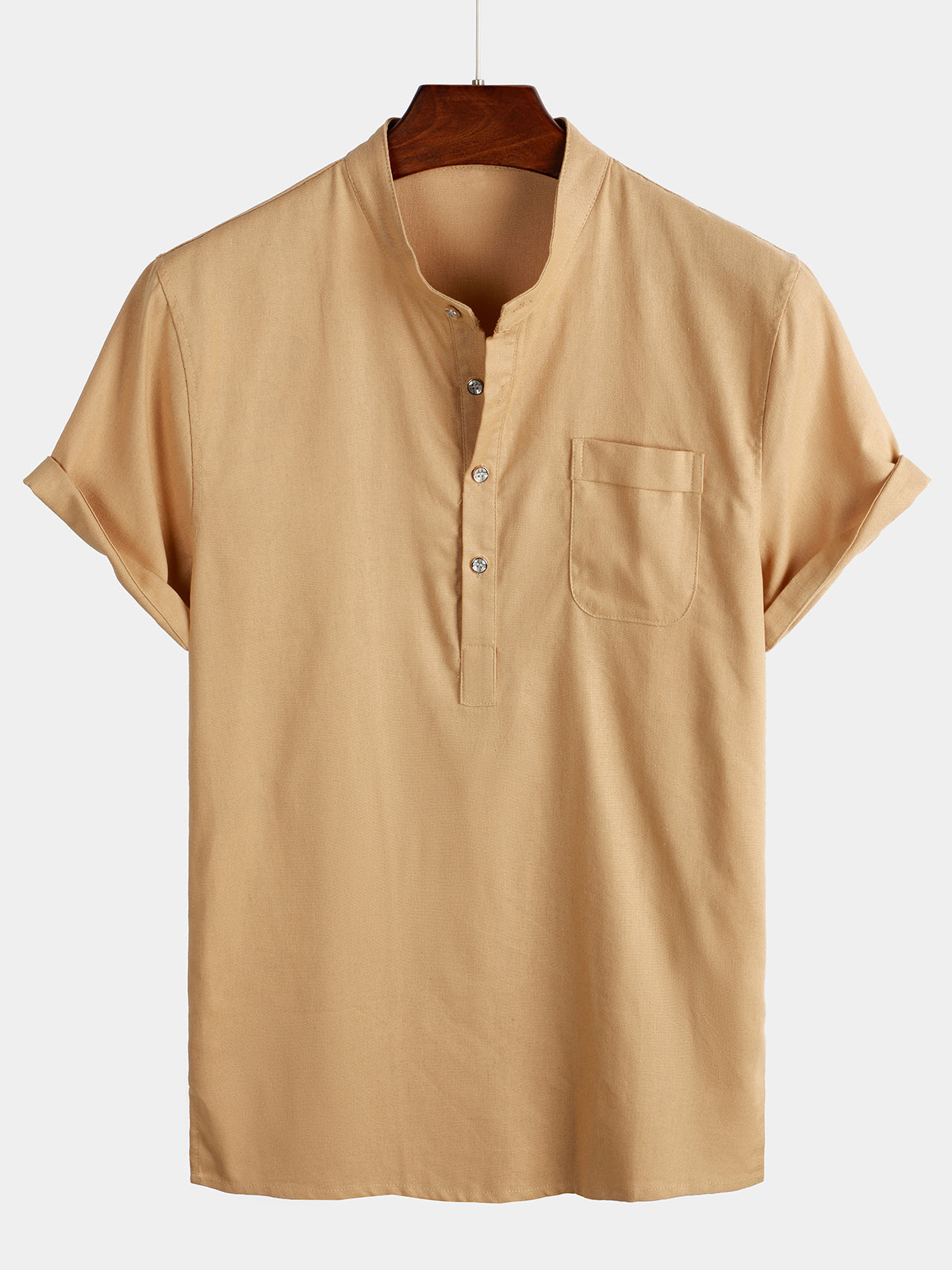 Camicia da uomo a maniche corte in un colore uniforme con colletto alla coreana e tasca frontale
