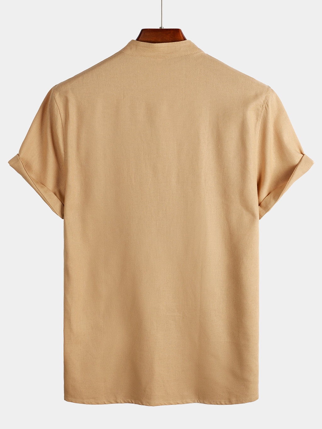 Camicia da uomo a maniche corte in tinta unita con colletto alla coreana e tasca frontale