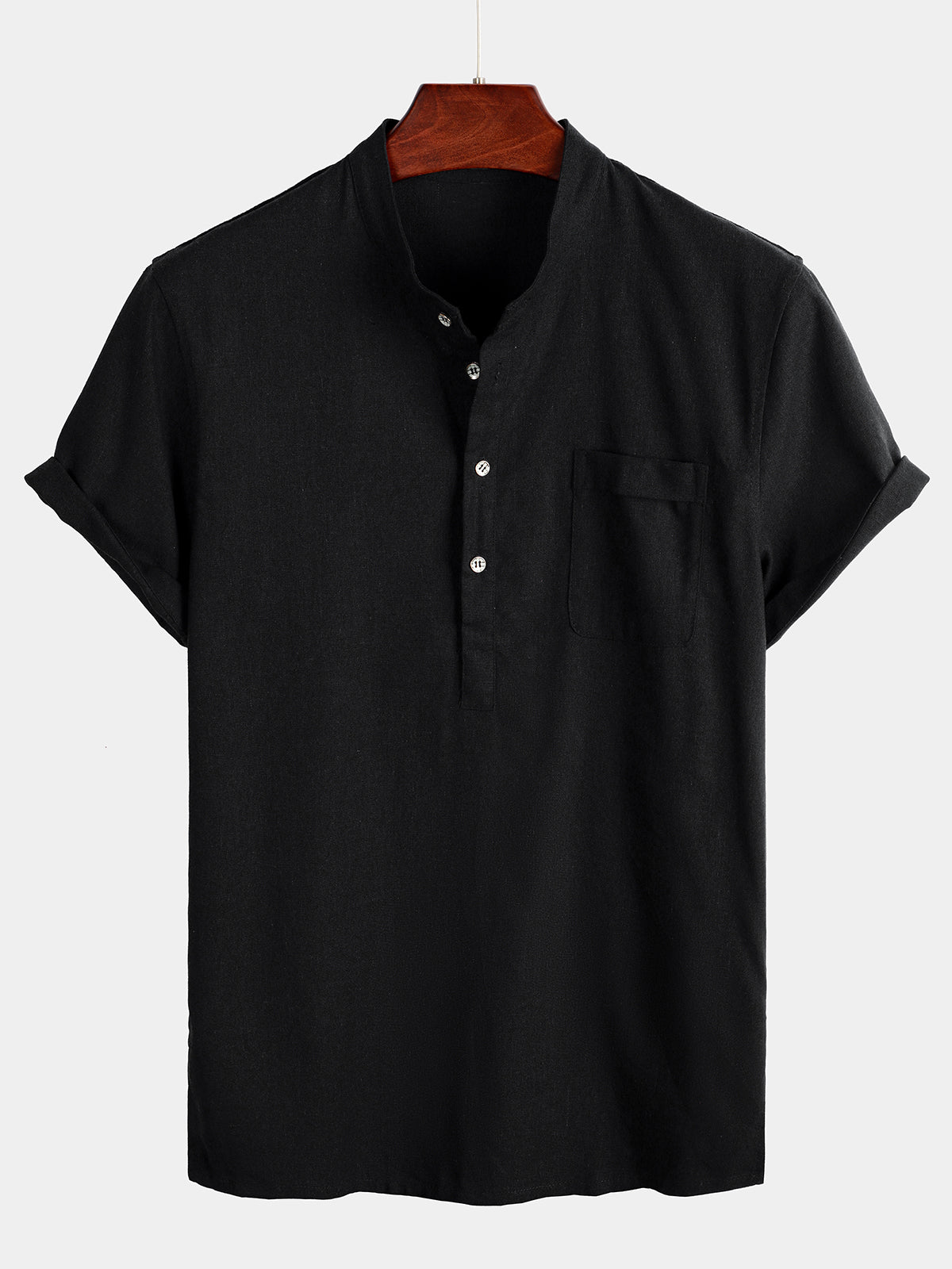 Camicia da uomo a maniche corte in tinta unita con colletto alla coreana e tasca frontale