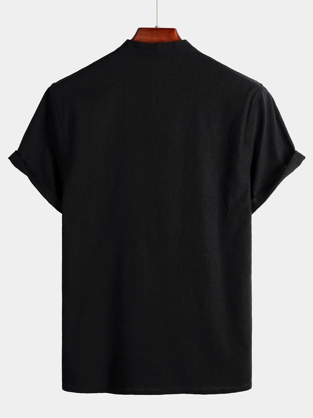 Camicia da uomo a maniche corte in tinta unita con colletto alla coreana e tasca frontale