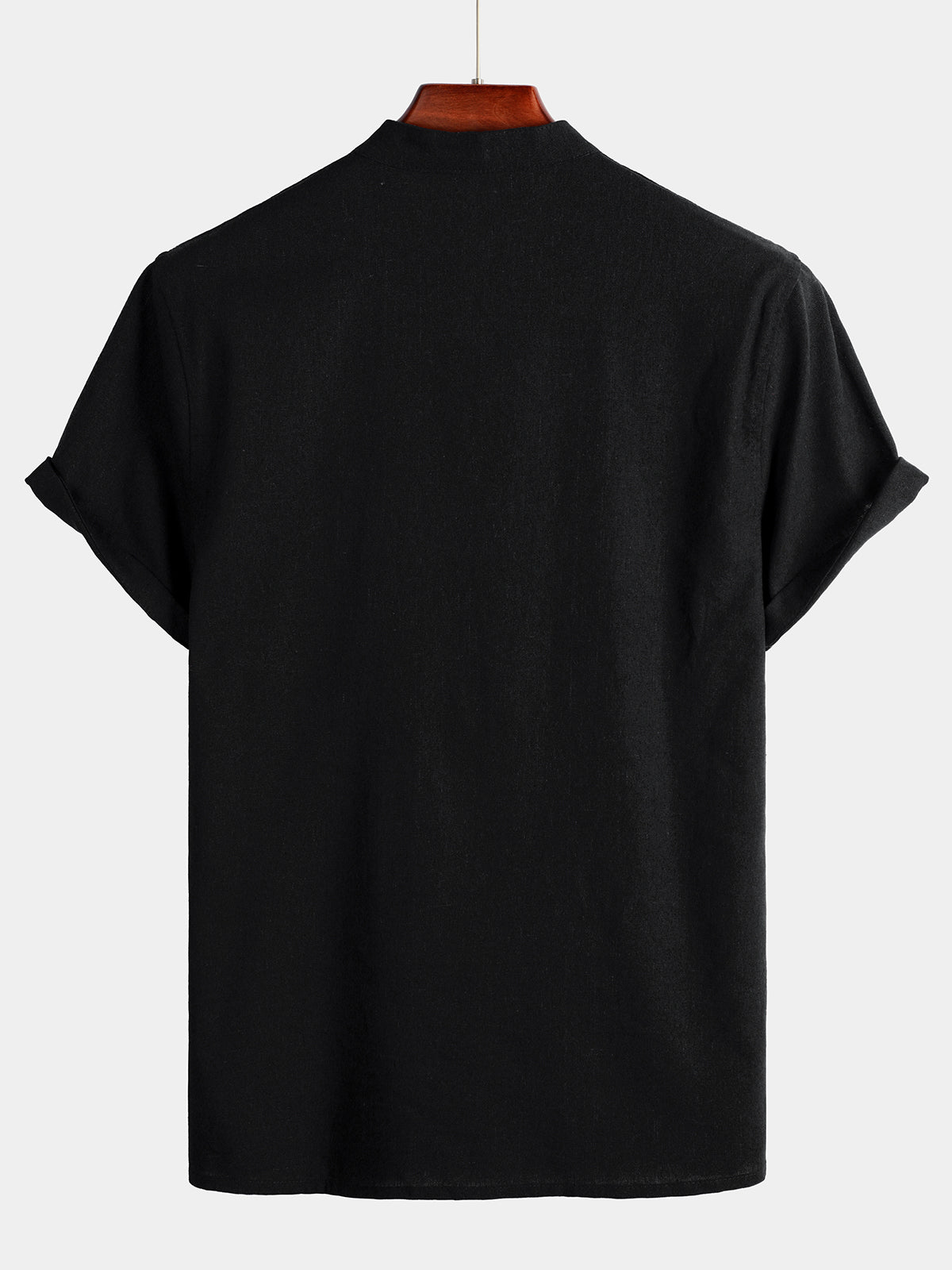 Camicia da uomo a maniche corte in tinta unita con colletto alla coreana e tasca frontale