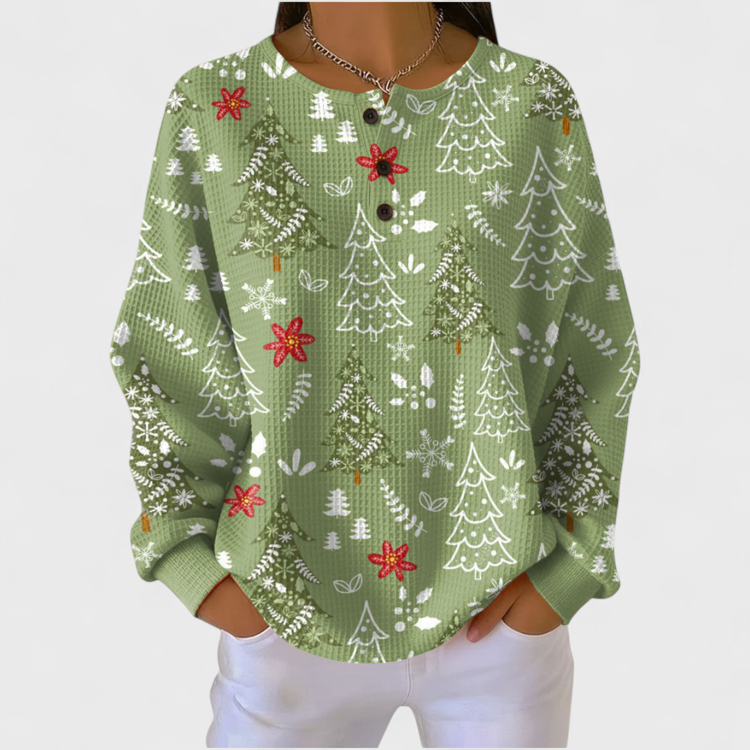 Wioletta - Maglione con motivo di albero di Natale coperto di neve