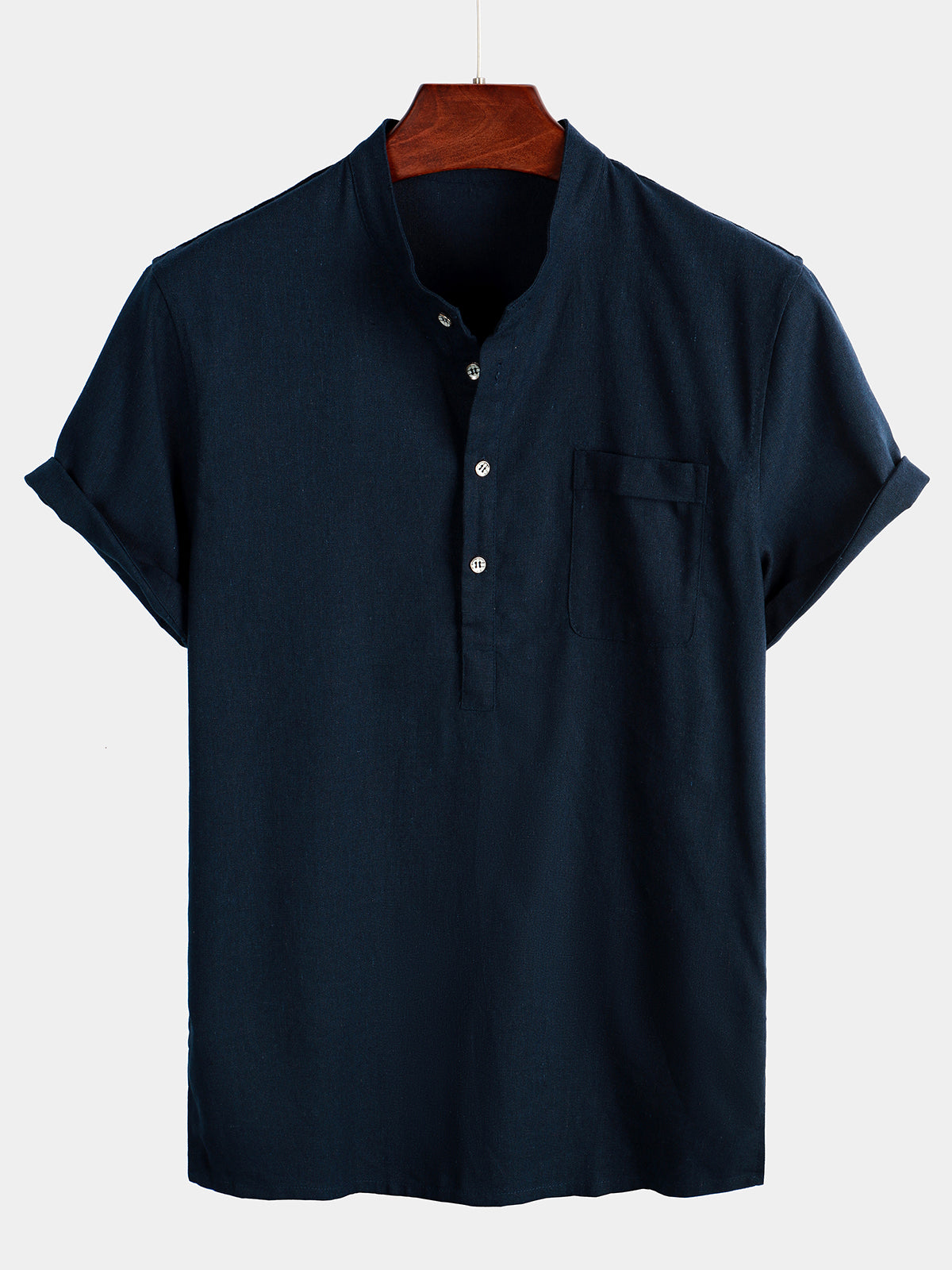 Camicia da uomo a maniche corte in tinta unita con colletto alla coreana e tasca frontale