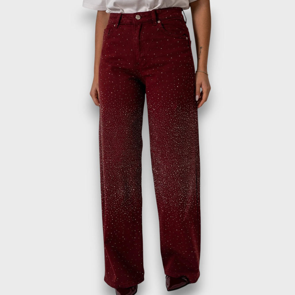 Nina – jeans a gamba larga con cristalli bordeaux