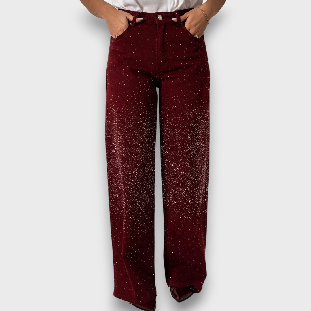 Nina – jeans a gamba larga con cristalli bordeaux