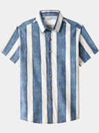 Camicia casual retro a righe da uomo in cotone, ideale per la spiaggia, feste e vacanze, con maniche corte