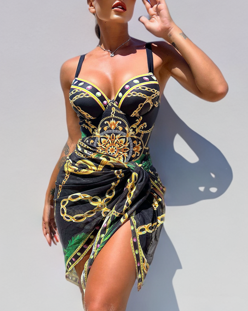 Dorota – Costume da bagno intero con effetto push-up e gonna da spiaggia coordinata