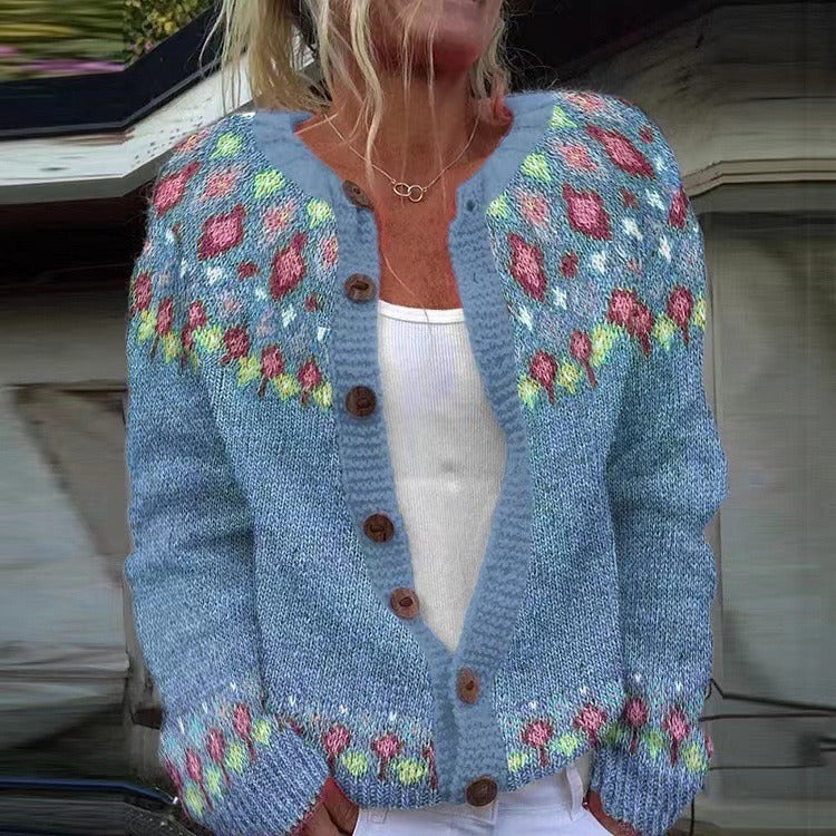 Elda | Cardigan azzurro nordico multicolore – cardigan nordico da donna | Erminia Boutique Bologna