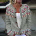 Manuela | Cardigan salvia con motivo rosa – cardigan nordico da donna | Erminia Boutique Bologna