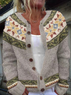 Lucrezia | Cardigan panna con motivo verde e senape – cardigan nordico da donna | Erminia Boutique Bologna