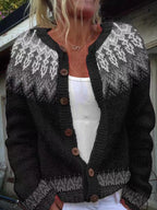 Cristiana | Cardigan nero con motivo grigio – cardigan nordico da donna | Erminia Boutique Bologna