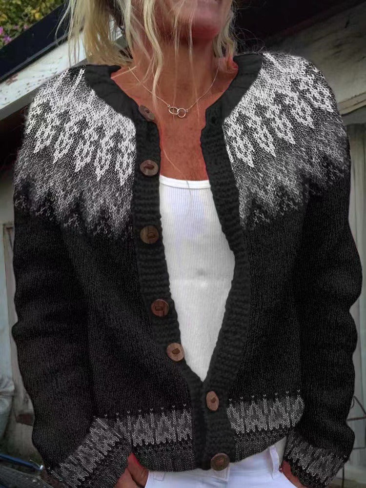 Cristiana | Cardigan nero con motivo grigio – cardigan nordico da donna | Erminia Boutique Bologna