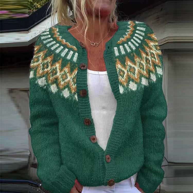 Emma | Cardigan verde scuro con motivo giallo – cardigan nordico da donna | Erminia Boutique Bologna
