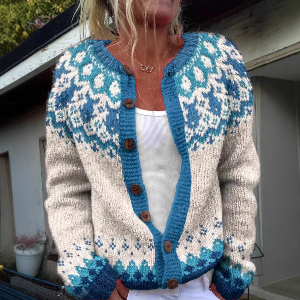 Simonetta | Cardigan panna e turchese – cardigan nordico da donna | Erminia Boutique Bologna
