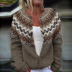 Mariella | Cardigan tortora con fantasia nordica – cardigan nordico da donna | Erminia Boutique Bologna