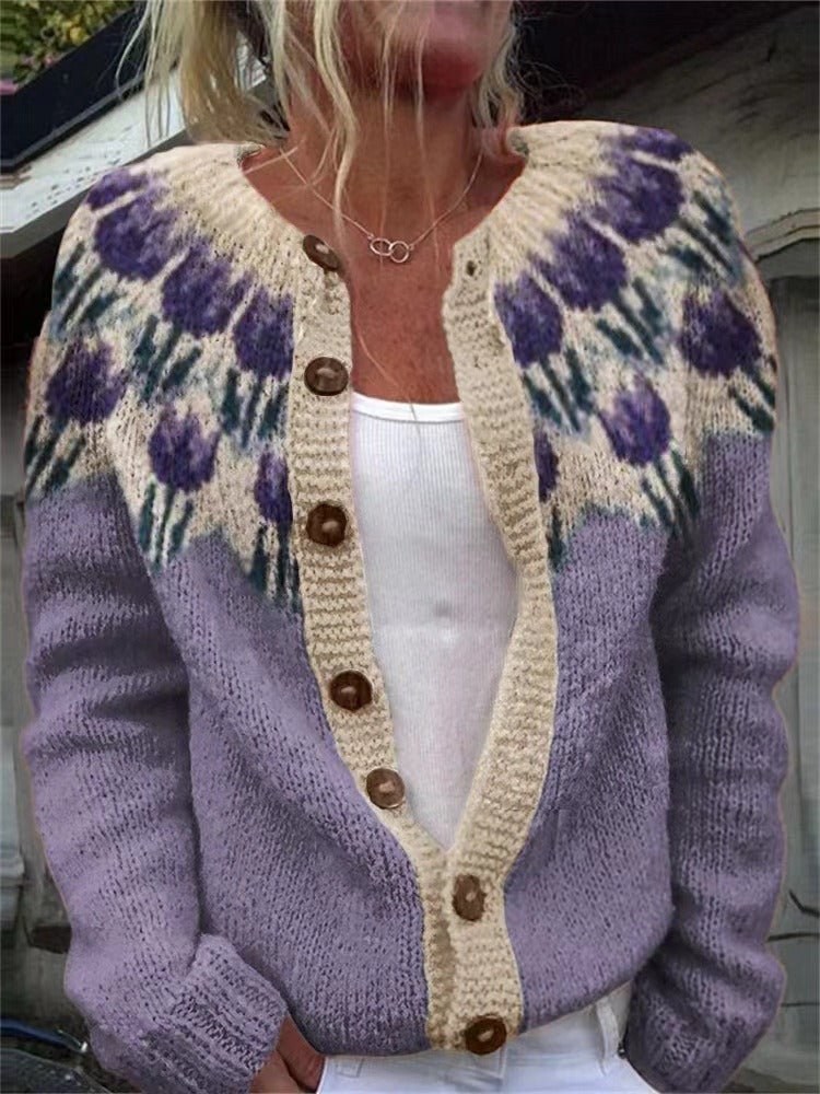 Fabrizia | Cardigan lilla con tulipani – cardigan nordico da donna | Erminia Boutique Bologna