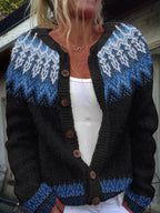 Ofelia | Cardigan nero con motivo blu – cardigan nordico da donna | Erminia Boutique Bologna