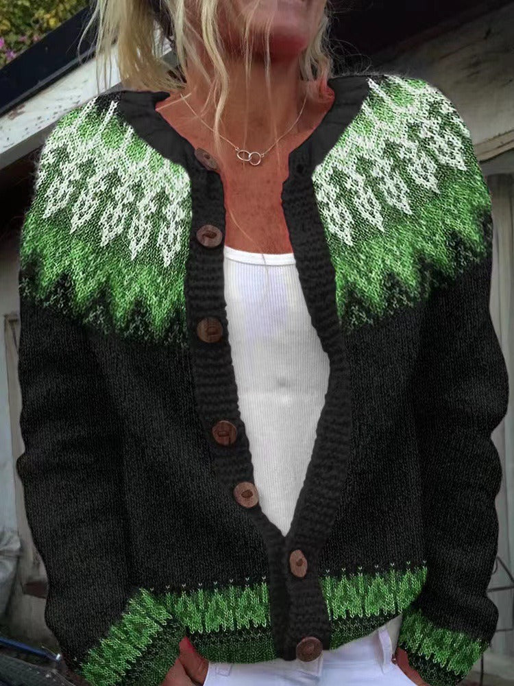 Liana | Cardigan nero con motivo verde – cardigan nordico da donna | Erminia Boutique Bologna
