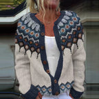Lucilla | Cardigan panna con motivo blu notte – cardigan nordico da donna | Erminia Boutique Bologna