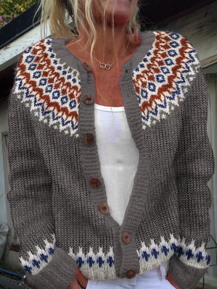 Mafalda | Cardigan grigio con sprone colorato – cardigan nordico da donna | Erminia Boutique Bologna