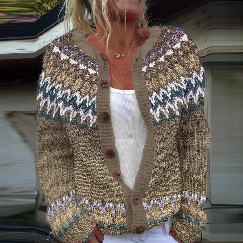 Viviana | Cardigan beige con motivo azzurro – cardigan nordico da donna | Erminia Boutique Bologna