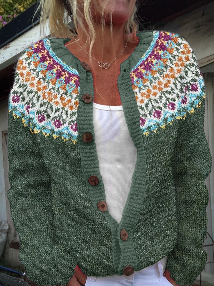 Clotilde | Cardigan verde con sprone multicolore – cardigan nordico da donna | Erminia Boutique Bologna