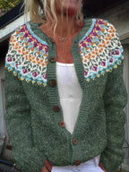 Clotilde | Cardigan verde con sprone multicolore – cardigan nordico da donna | Erminia Boutique Bologna