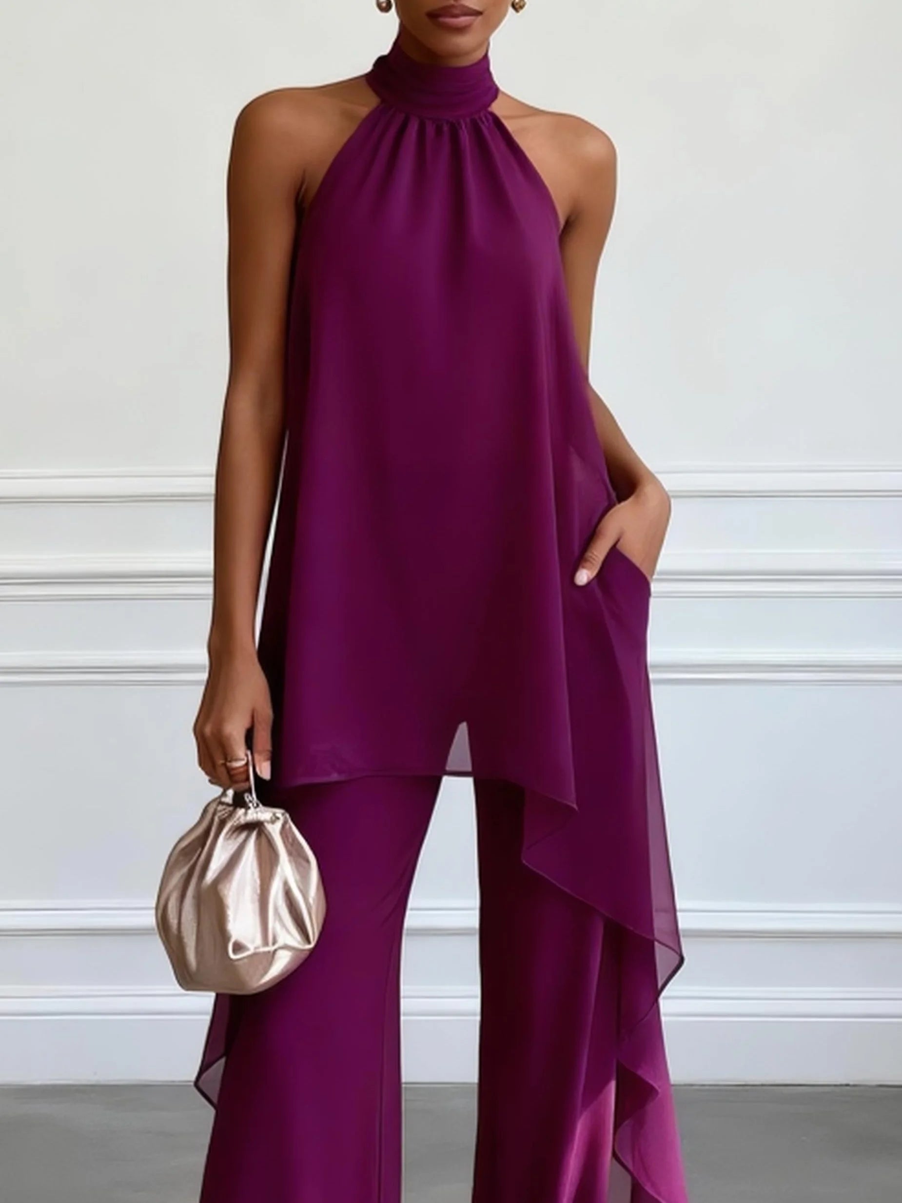 Ewa - Elegante Set Viola Top Halter e Pantaloni