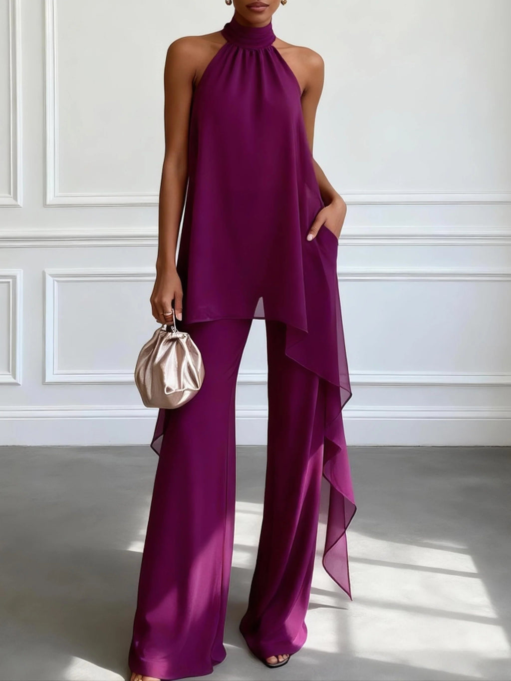 Ewa - Elegante Set Viola Top Halter e Pantaloni
