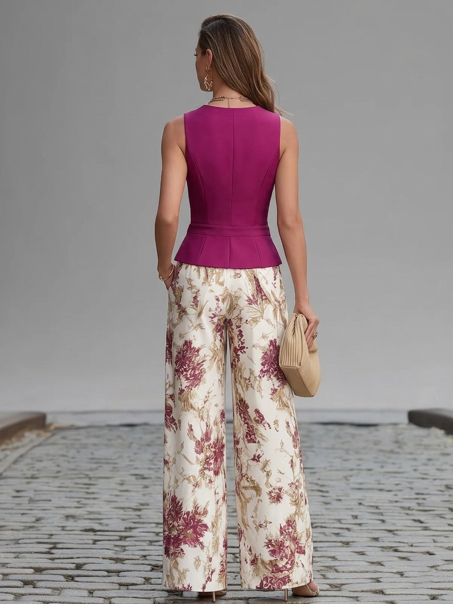 Nikola - Gilet Rosa e Pantaloni Ampi con Motivo Floreale