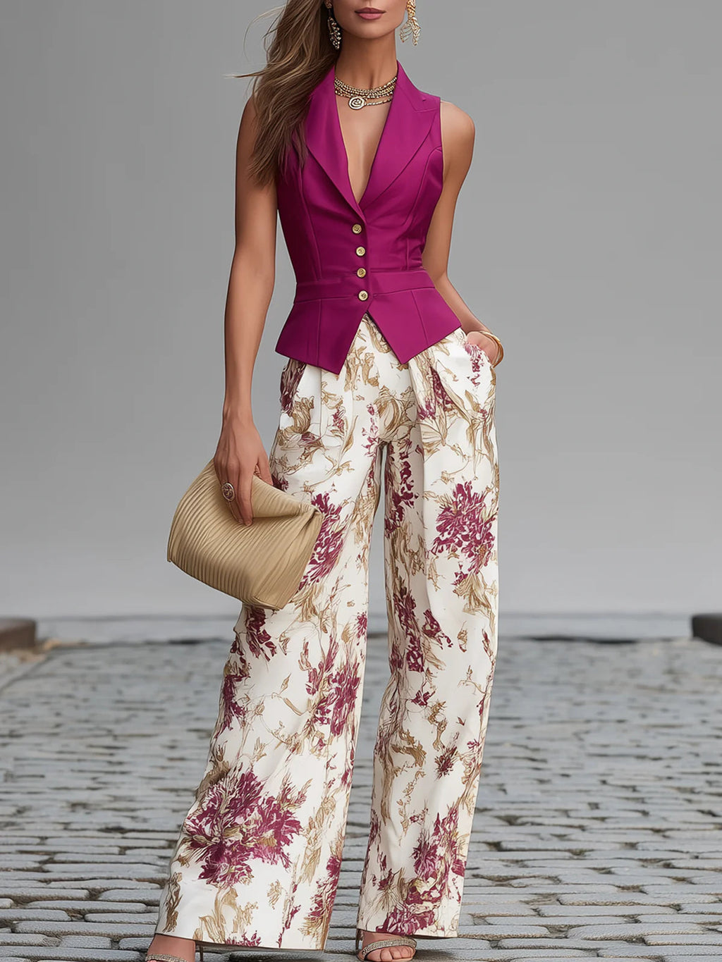 Nikola - Gilet Rosa e Pantaloni Ampi con Motivo Floreale