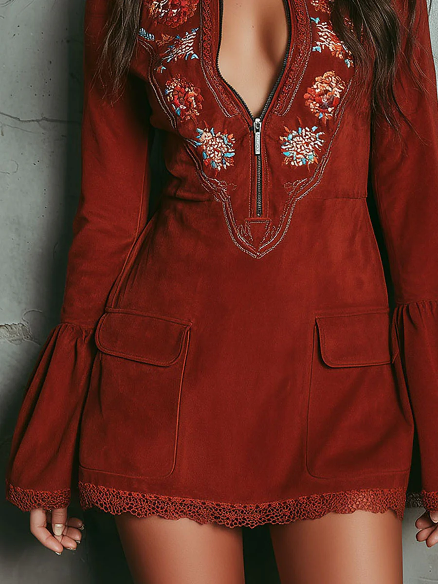 Elwira – abito mini vintage ricamato in suede