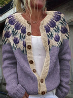 Maristella | Cardigan con tulipani viola – cardigan a fiori da donna | Erminia Boutique Bologna