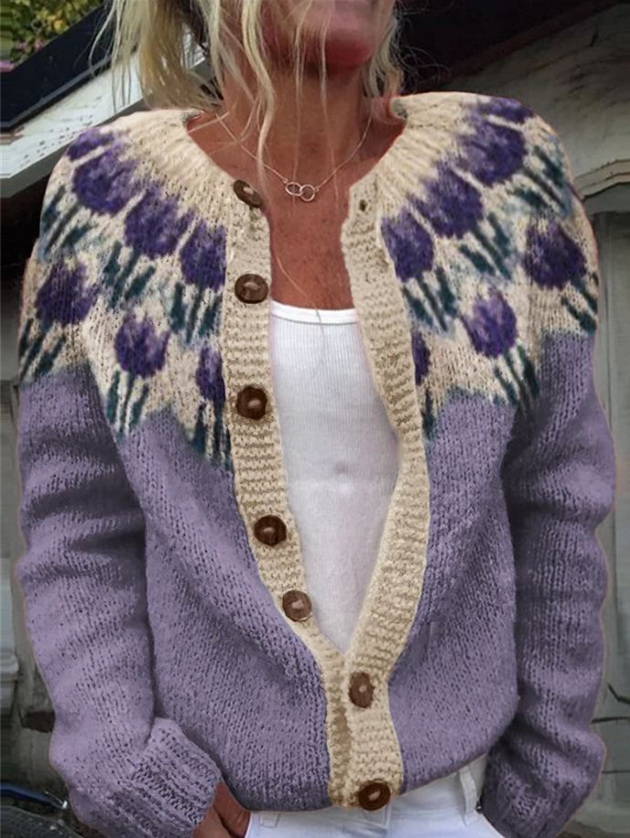 Maristella | Cardigan con tulipani viola – cardigan a fiori da donna | Erminia Boutique Bologna