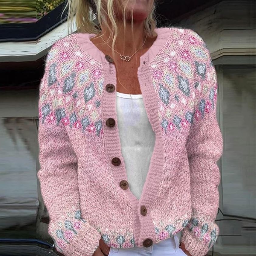Ada | Cardigan rosa con sprone bianco – cardigan nordico da donna | Erminia Boutique Bologna