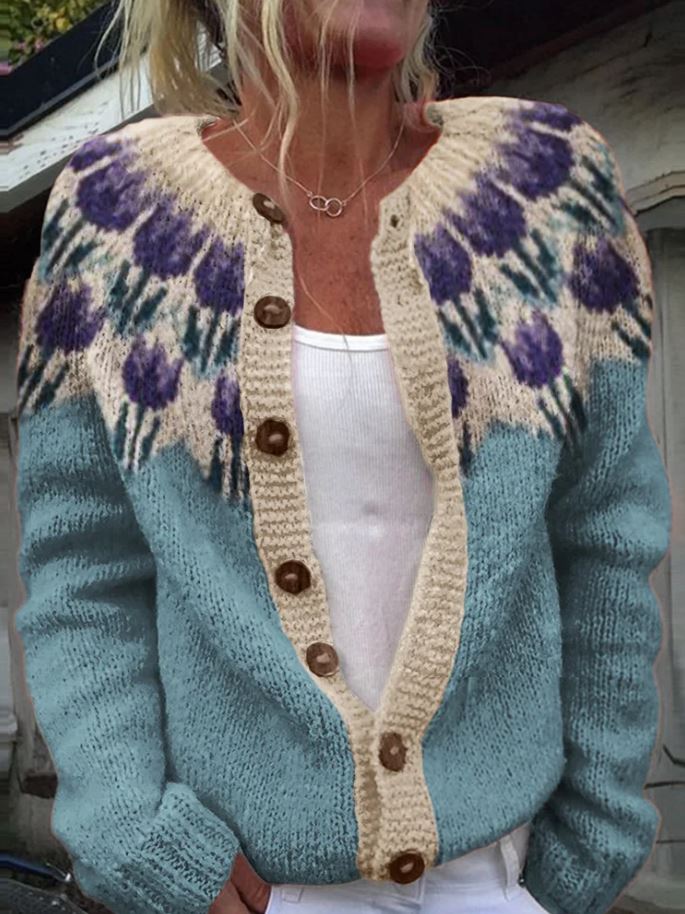 Maristella | Cardigan con tulipani viola – cardigan a fiori da donna | Erminia Boutique Bologna