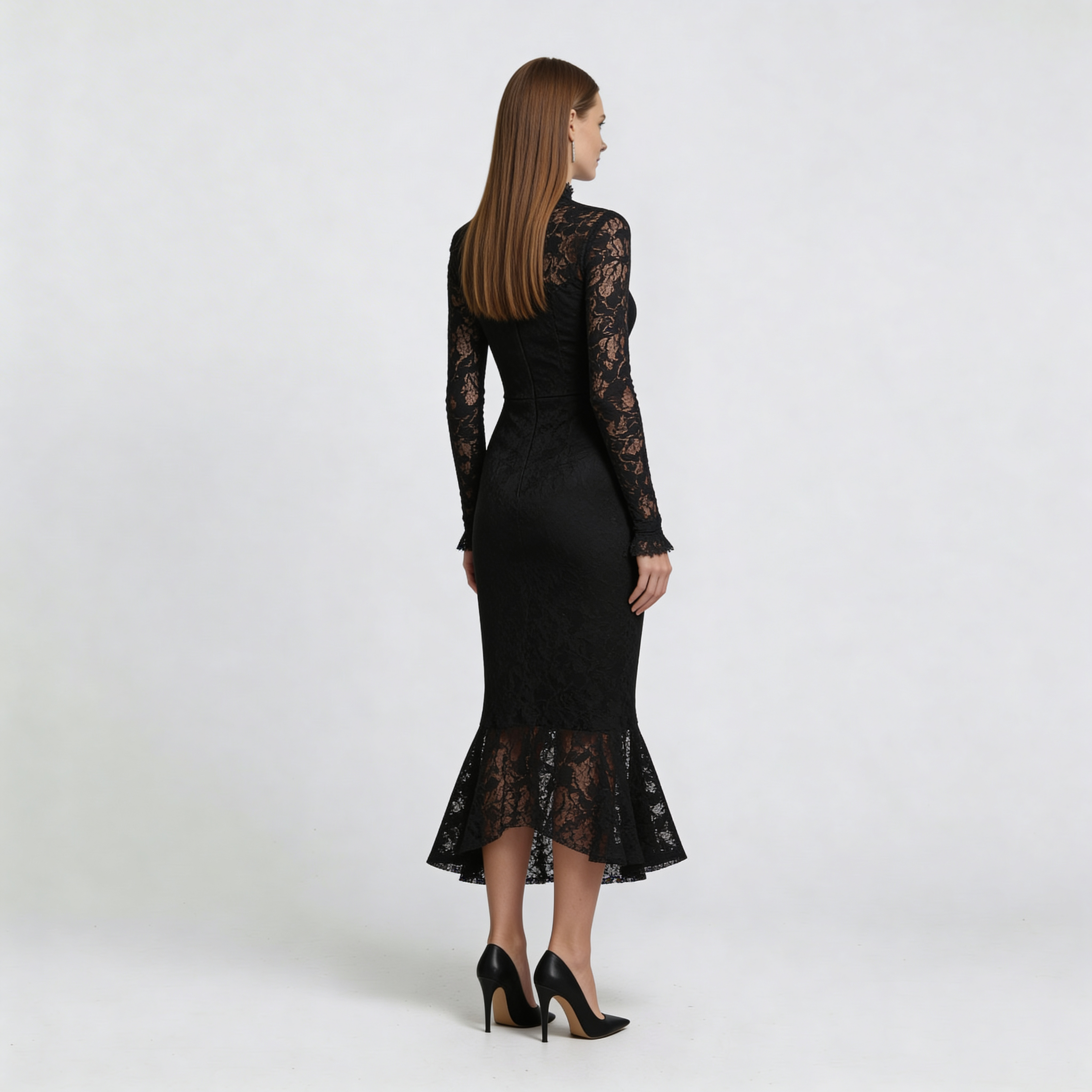Elwira - Elegante abito maxi nero con pizzo
