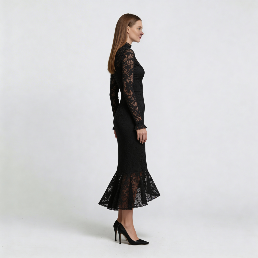 Elwira - Elegante abito maxi nero con pizzo