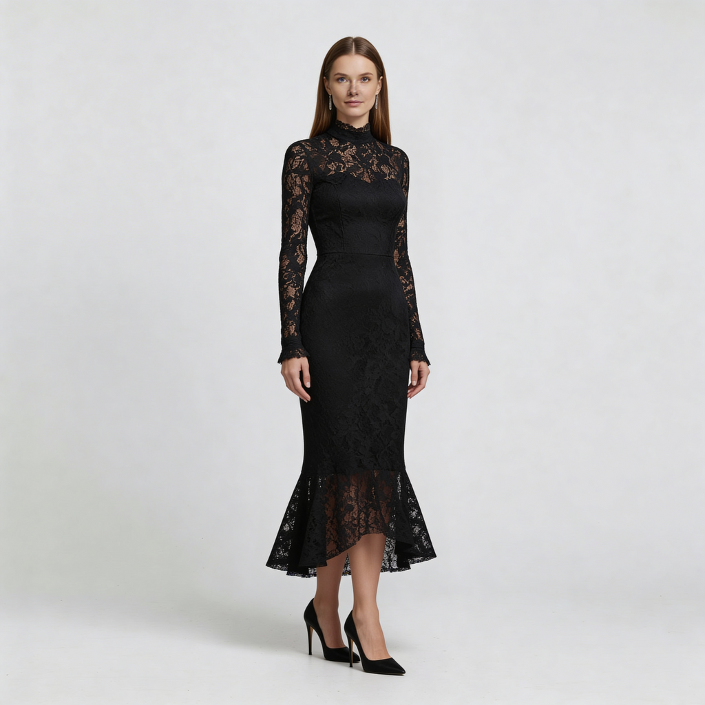 Elwira - Elegante abito maxi nero con pizzo
