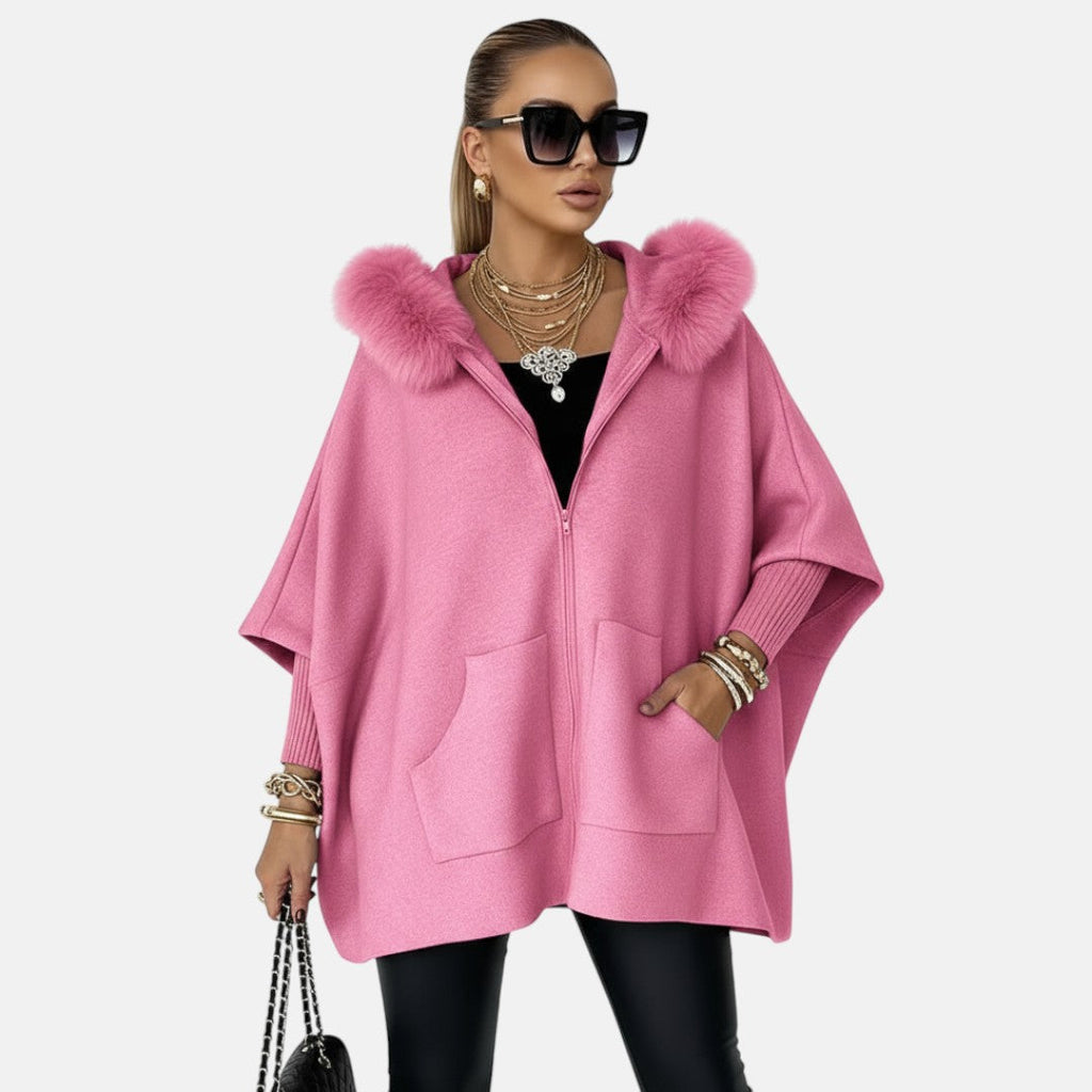Maddalena | Giacca libera con cappuccio e colletto in pelliccia – eco-pellicce da donna | Erminia Boutique Bologna