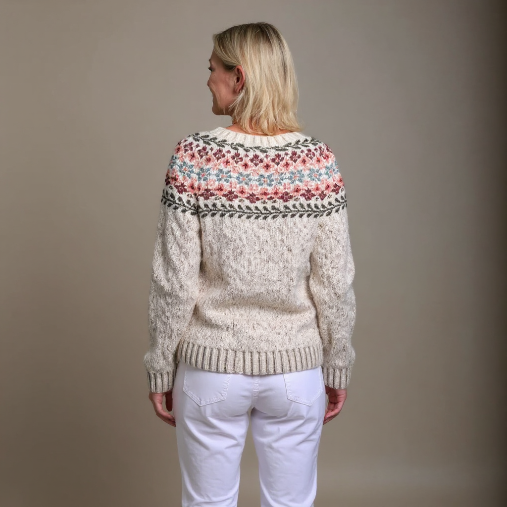Eleonora | Cardigan panna con motivo rosa – cardigan nordico da donna | Erminia Boutique Bologna