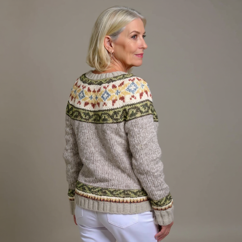 Lucrezia | Cardigan panna con motivo verde e senape – cardigan nordico da donna | Erminia Boutique Bologna
