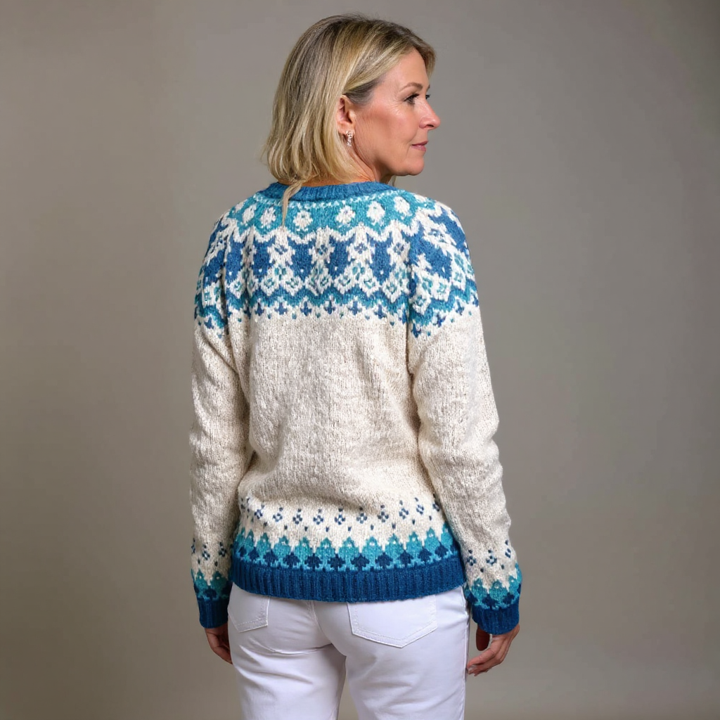 Simonetta | Cardigan panna e turchese – cardigan nordico da donna | Erminia Boutique Bologna
