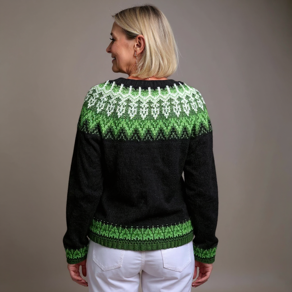Liana | Cardigan nero con motivo verde – cardigan nordico da donna | Erminia Boutique Bologna