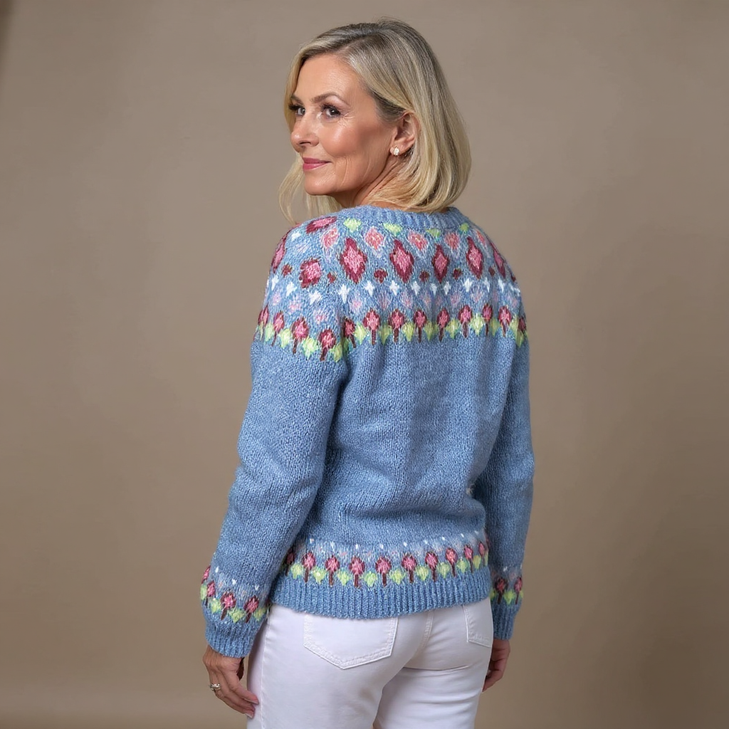 Elda | Cardigan azzurro nordico multicolore – cardigan nordico da donna | Erminia Boutique Bologna