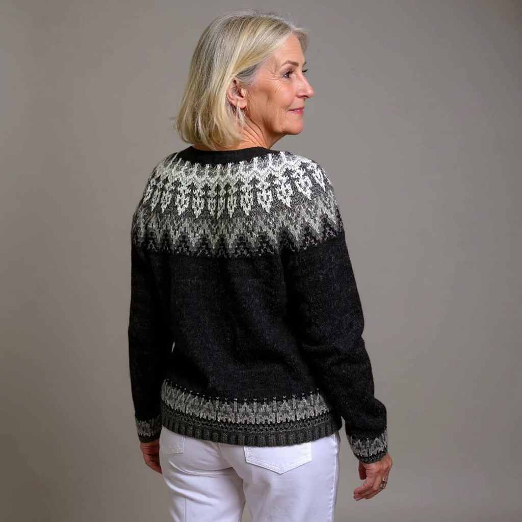 Cristiana | Cardigan nero con motivo grigio – cardigan nordico da donna | Erminia Boutique Bologna