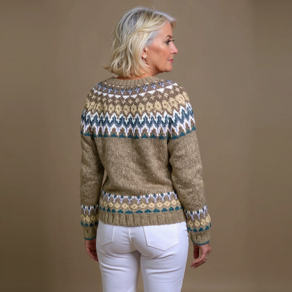Viviana | Cardigan beige con motivo azzurro – cardigan nordico da donna | Erminia Boutique Bologna