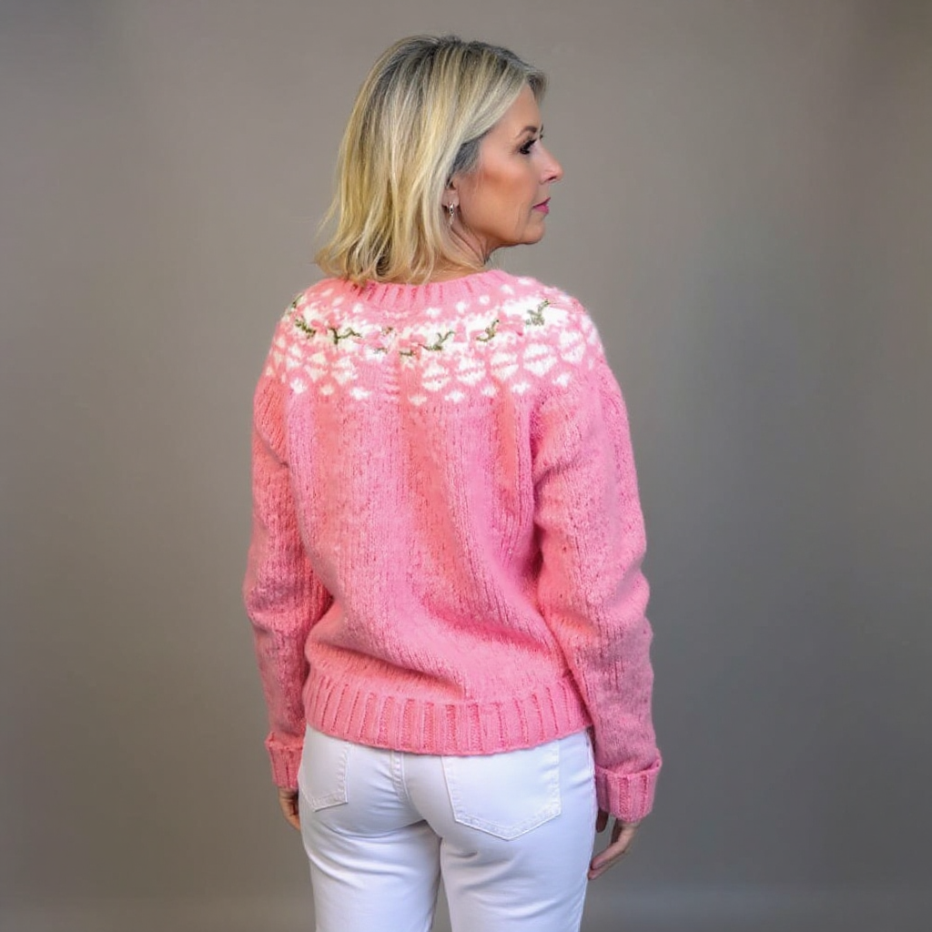 Federica | Cardigan rosa confetto nordico – cardigan nordico da donna | Erminia Boutique Bologna